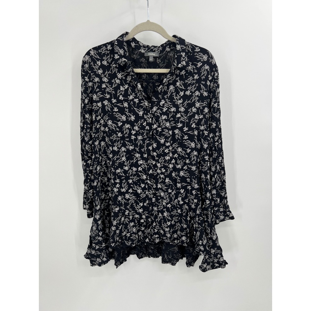 Neiman Marcus Black Floral Print Rayon‎ Tunic Top Raw Edge Size Large